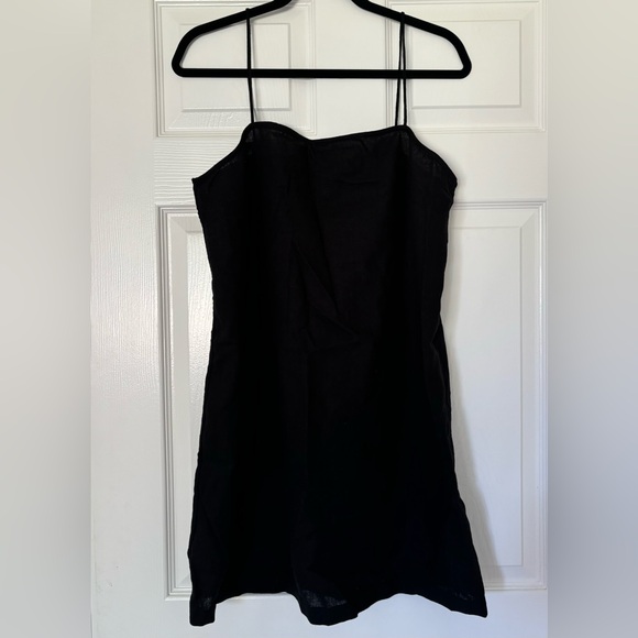 Sleeveless Square-Neck Linen-Blend Mini Resort Dress size L Black - Picture 1 of 12